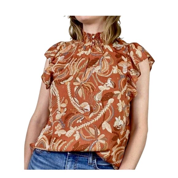 Joie Tops - Joie Burnt Orange Floral Flutter Sleeve Smocked Mock Neck Top Women's Medium